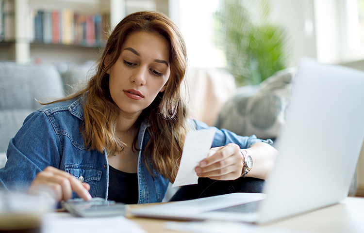 Woman sitting at a computer preparing a budget.